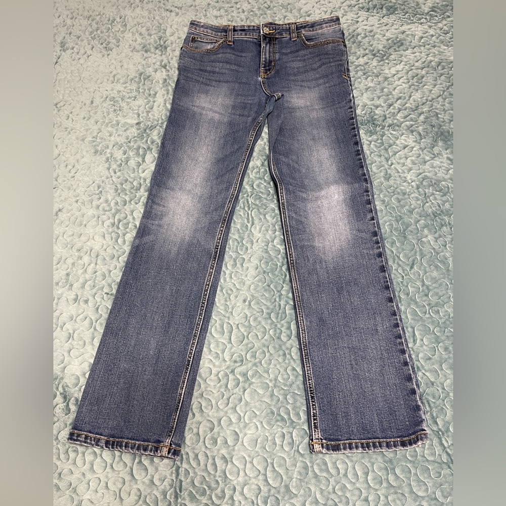 Cat & Jack Girls Jeans Blue Denim Sz 16 Straight Leg Adjustable Waist Distressed